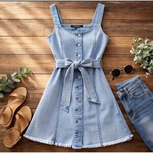 Peace Love Eco by Rewash Denim Mini Dress Med Button Front Tie Waist Fringe Hem